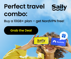 Promotional banner for Saily eSIM showing a smiling traveler holding phones with Saily and NordVPN logos. Text: “Perfect travel combo: Buy a 10GB+ plan – get NordVPN free.
