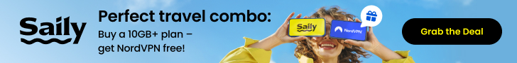 Wide promotional banner for Saily eSIM and NordVPN. Text: “Perfect travel combo: Buy a 10GB+ plan – get NordVPN free.” Features traveler holding phones with both logos.