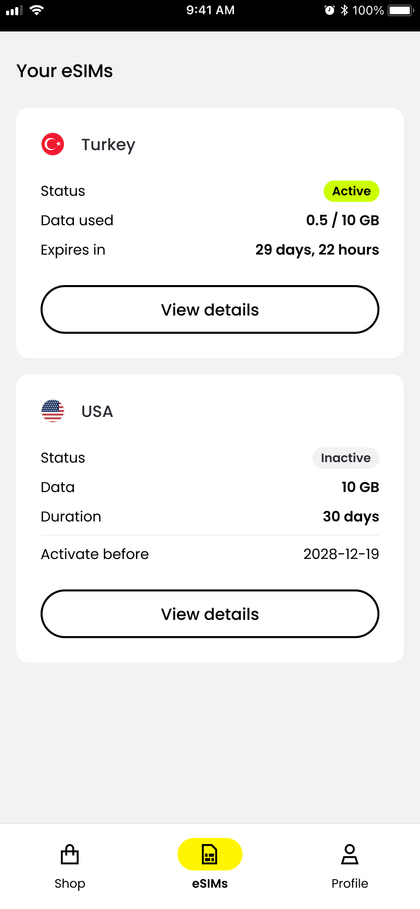 Saily eSIM dashboard displaying multiple data plans, including active Turkey plan with 10 GB and inactive USA plan, both visible for easy management.