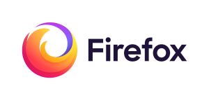 Mozilla Firefox logo with a circular orange, purple, and yellow flame design followed by the word "Firefox" in bold black letters.