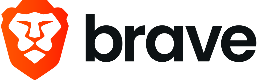 Brave browser logo featuring a stylized red lion head with bold black text spelling "brave"