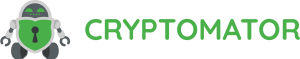 Cryptomator logo featuring a green shield with a black keyhole, stylized as a robot with wings, alongside the word "Cryptomator" in green text.