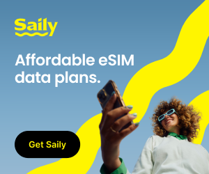 Saily banner ad promoting affordable eSIM data plans with a smiling traveler holding a phone against a blue sky background."