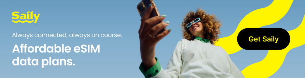 Saily eSIM promotional banner with the tagline "Always connected, always on course" and a Get Saily button, featuring a woman smiling and holding a phone against a blue sky background.