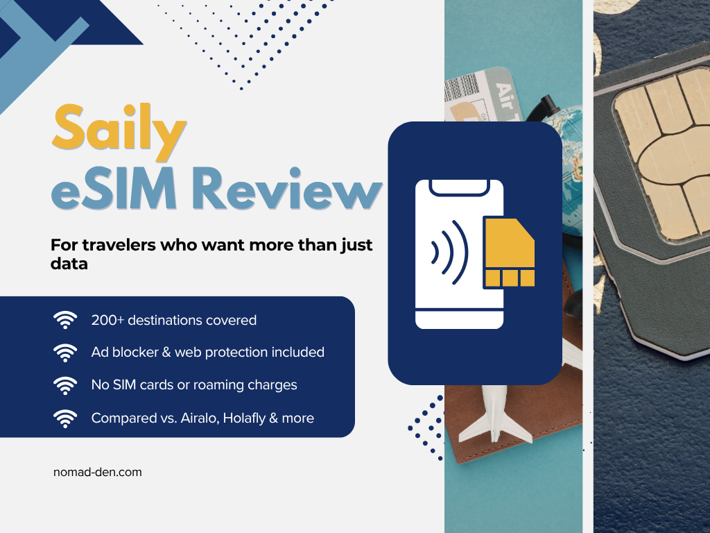 Featured image for Saily eSIM Review showing title, subtitle "For travelers who want more than just data," and four key points: 200+ destinations covered, ad blocker and web protection included, no SIM cards or roaming charges, and comparison vs. Airalo, Holafly, and more. Includes a phone and eSIM graphic with travel photography in the background.