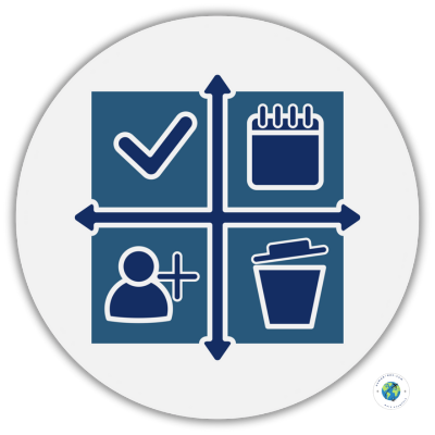Visual representation of the Eisenhower Matrix divided into four quadrants: a check mark for tasks to do first, a calendar for tasks to schedule, a person with a plus sign for tasks to delegate, and a trash bin for tasks to eliminate. Designed in blue and white brand colors with Nomad Den logo.