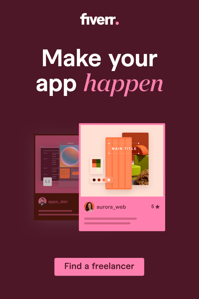 Fiverr ad banner promoting mobile app development freelancers — ‘Make your app happen’ with visuals of app screens and a call to find a freelancer.