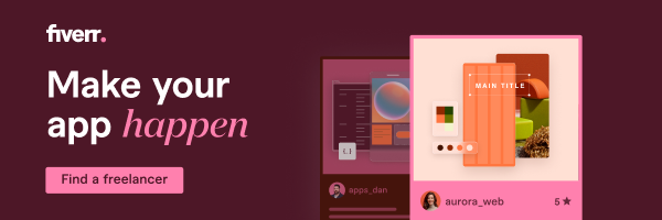 Fiverr banner promoting freelance mobile app development services with text: Make your app happen. Find a freelancer.