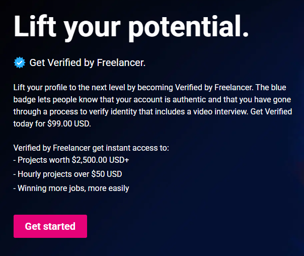 Screenshot from Freelancer.com showing membership and verification options for freelancers to access higher-paying projects.