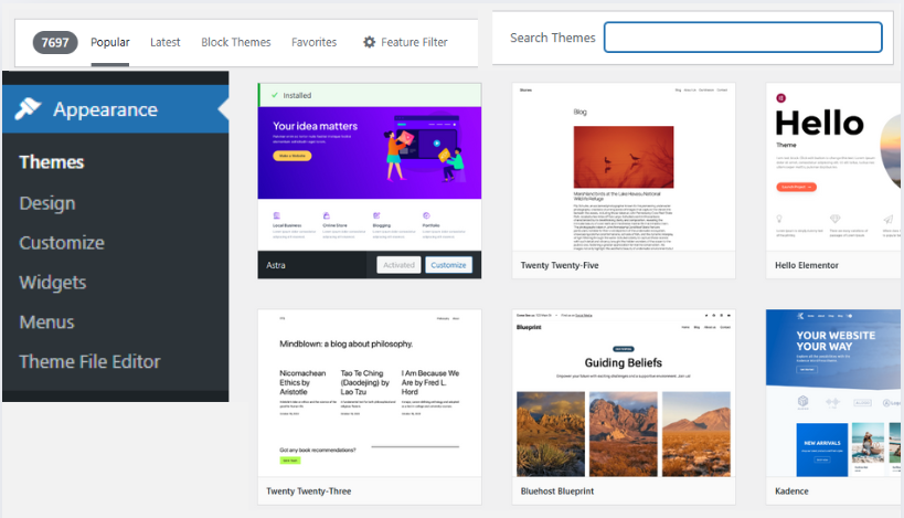 Screenshot of the WordPress dashboard showing the Appearance menu and a selection of popular themes, including Astra, Twenty Twenty-Five, Hello Elementor, and Kadence.