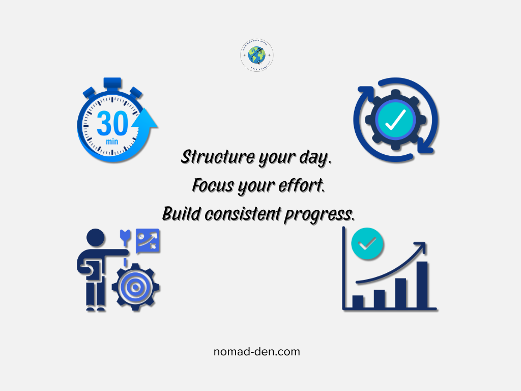 Graphic showing four blue productivity icons — a stopwatch, automation gear, worker with target, and upward graph — surrounding the motivational text 'Structure your day. Focus your effort. Build consistent progress.' representing tools and techniques for improving work productivity.