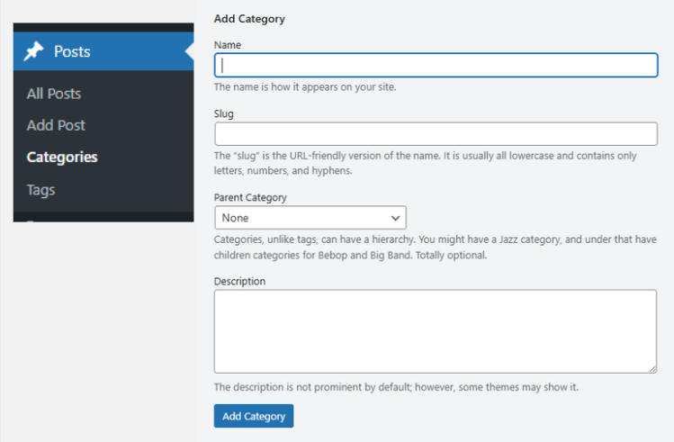 Mobile screenshot of the WordPress Add Category panel, showing fields for name, slug, parent category, and description, with an option to add a new category.