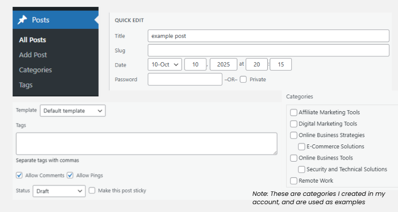 Screenshot of the WordPress post editor showing the Quick Edit options with title, date, tags, and categories. Example categories include Affiliate Marketing Tools, Digital Marketing Tools, Online Business Strategies, and Remote Work.