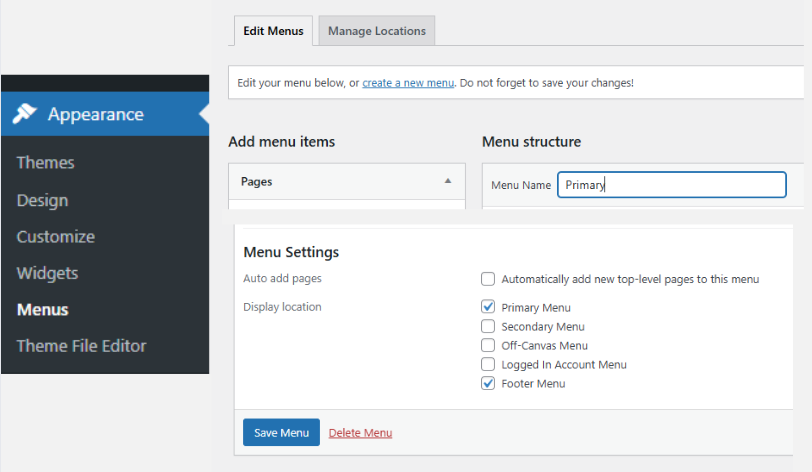 Screenshot of the WordPress Appearance → Menus section, where users can create and manage navigation menus, add pages, and assign them to the primary or footer display locations.