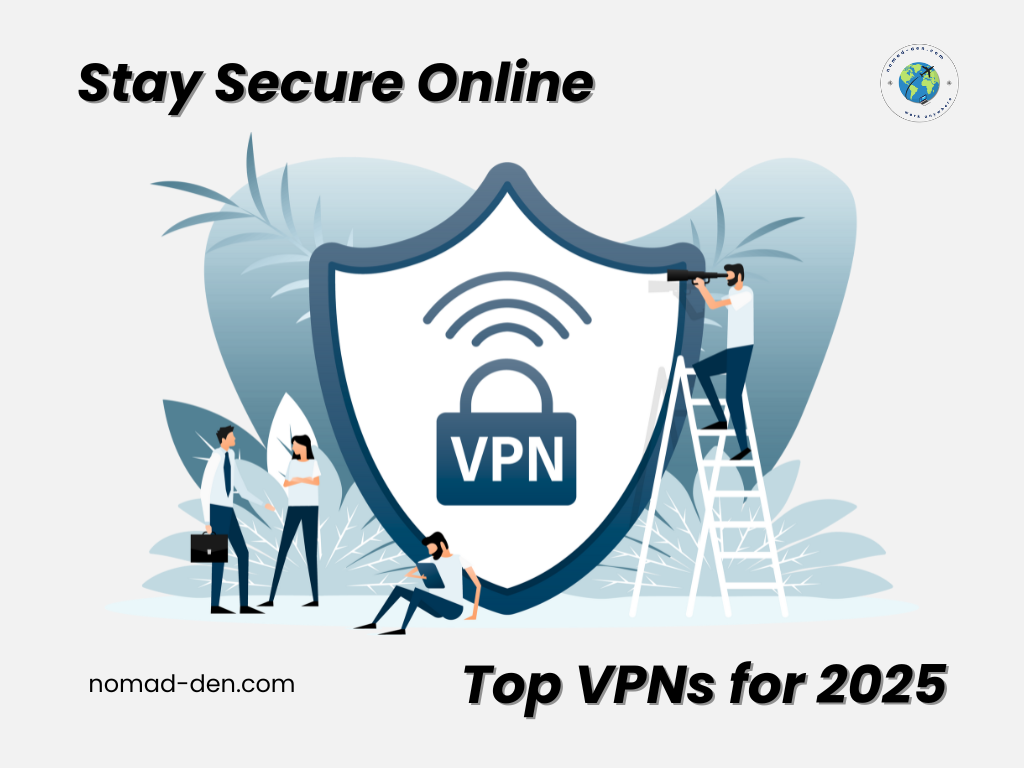 Illustration of people securing a large VPN shield, representing online privacy and safe browsing with top VPN services for 2025.