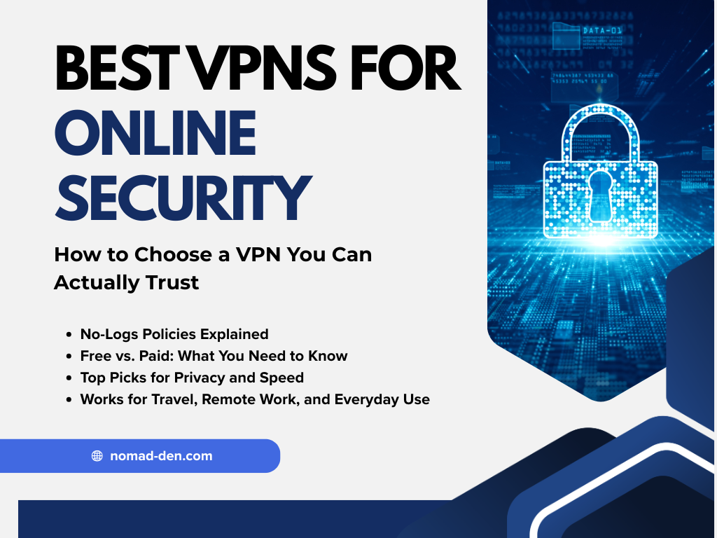 Illustrated featured image for Best VPNs for Online Security on Nomad Den, showing a glowing digital padlock with the title and key topics covered in the post.