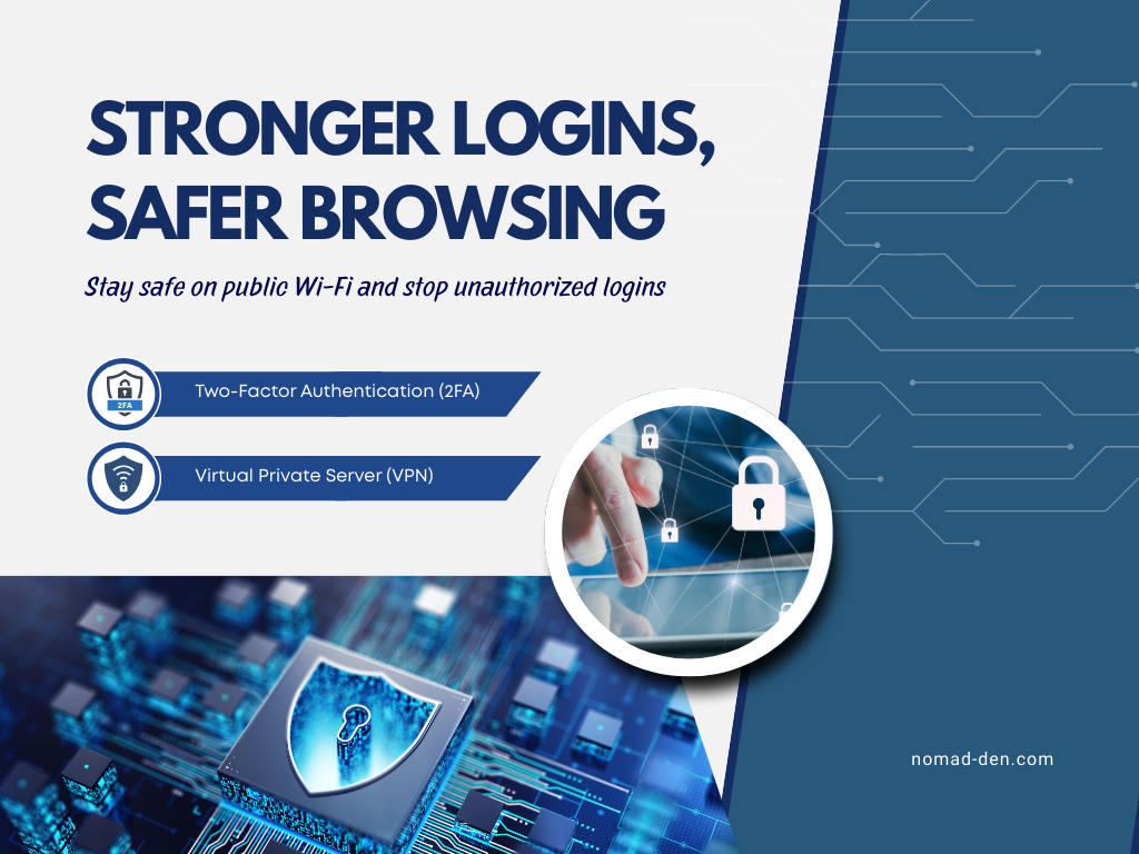 Graphic showing a security-themed layout highlighting Two-Factor Authentication and VPN protection, with icons of a lock, shield, and secure browsing imagery. Title reads ‘Stronger Logins, Safer Browsing,’ promoting safer public Wi-Fi use and preventing unauthorized logins.