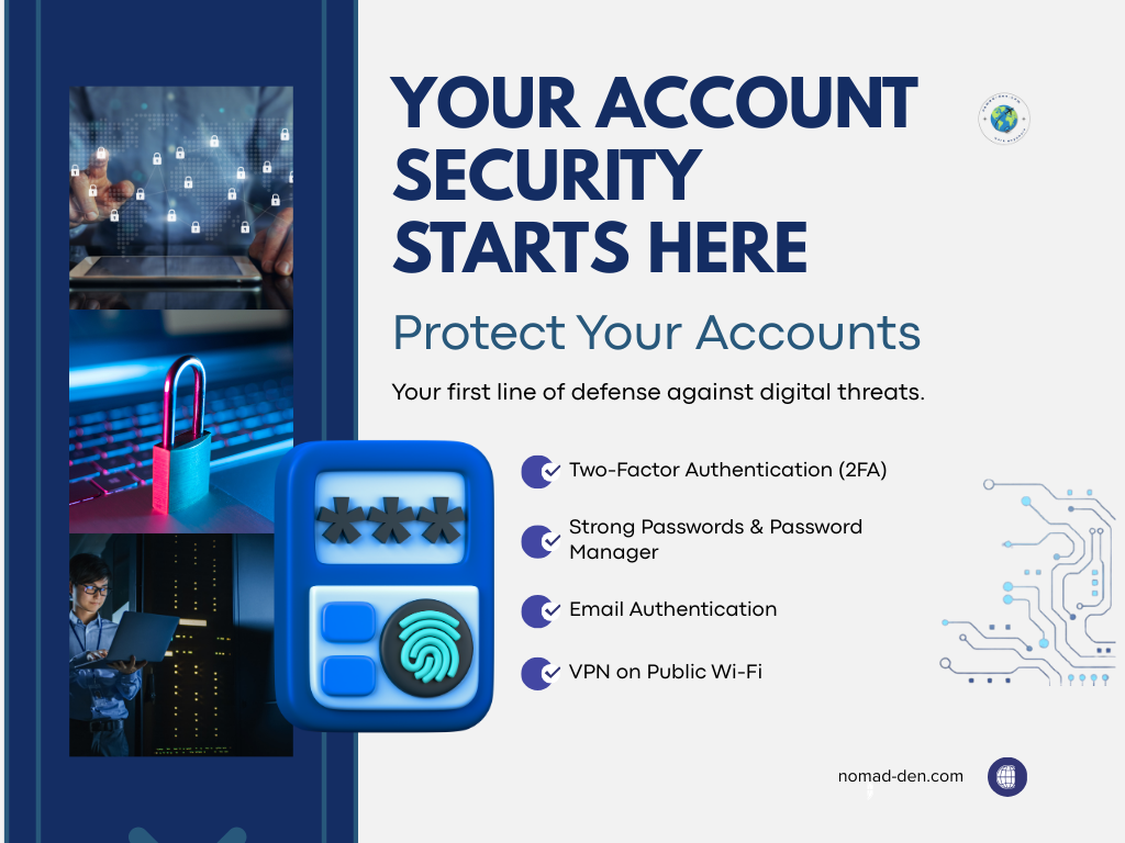 Graphic titled ‘Your Account Security Starts Here’ showing four key protections: two-factor authentication, strong passwords with a password manager, email authentication, and using a VPN on public Wi-Fi. Includes cybersecurity imagery such as lock icons, a digital keypad, and circuit-style design elements.