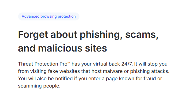 NordVPN Threat Protection Pro advanced browsing protection, blocking phishing websites, scam pages, and malware-infected sites 24/7.