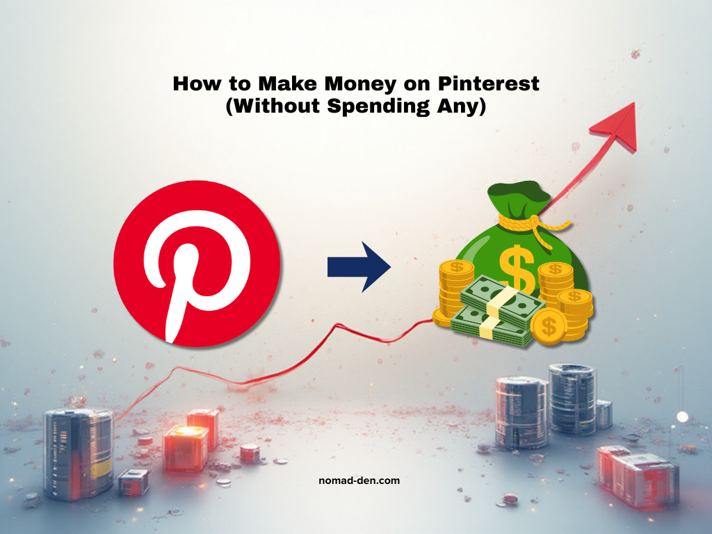 Illustration showing the Pinterest logo with an arrow pointing to a green money bag surrounded by coins, symbolizing how to make money on Pinterest without spending any money.