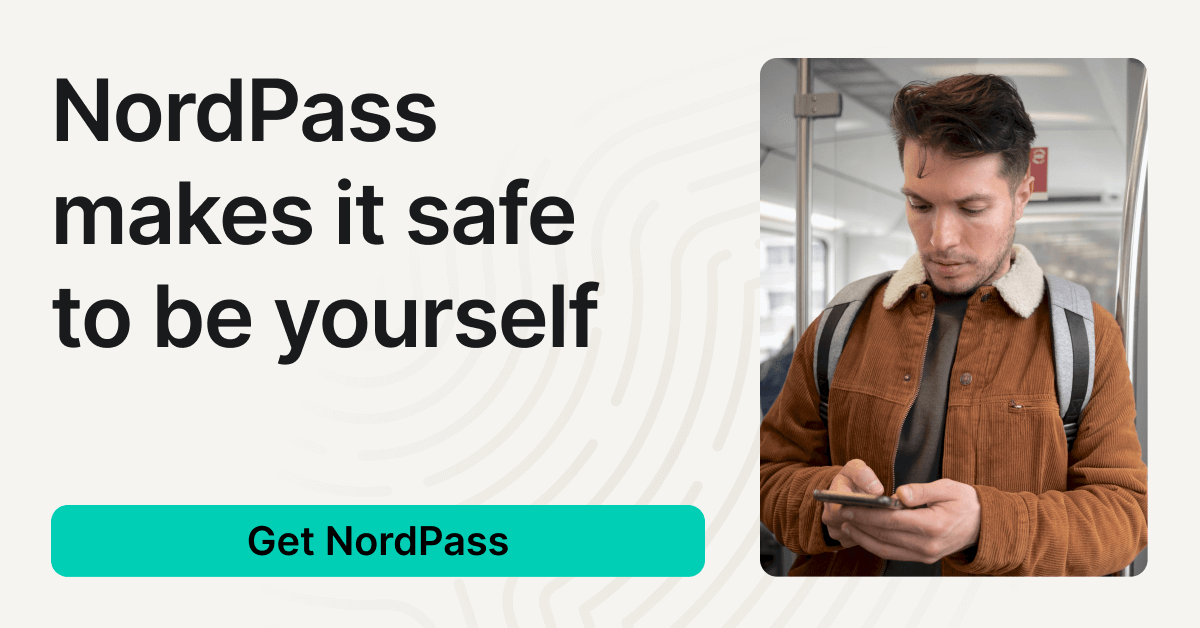 NordPass password manager banner showing a person using a mobile device to securely manage accounts