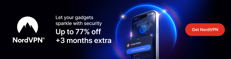 NordVPN holiday promotion banner showing a smartphone interface, offering up to 77% off plus 3 extra months, with a “Get NordVPN” call-to-action.