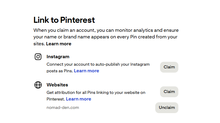 Screenshot of Pinterest’s Link to Pinterest settings showing how to claim Instagram accounts and websites for analytics and branding.