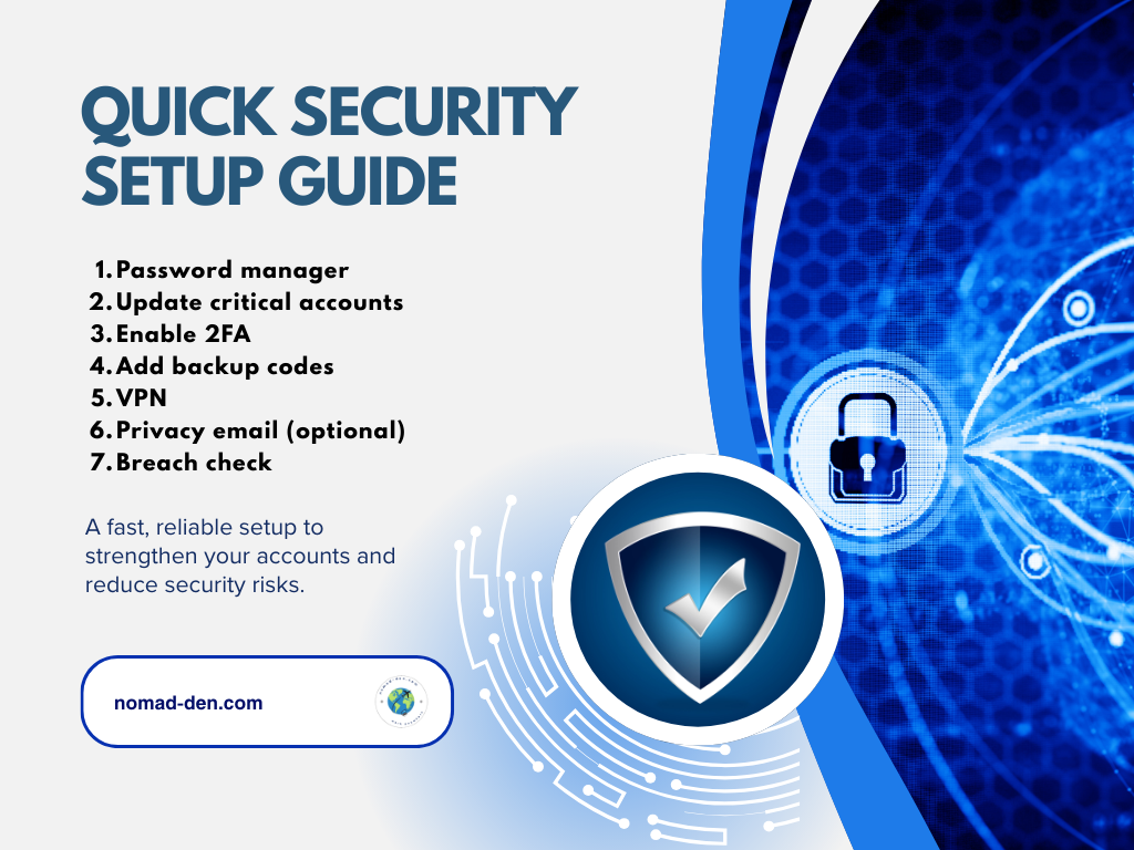 Graphic titled ‘Quick Security Setup Guide,’ showing a list of seven security steps (password manager, update critical accounts, enable 2FA, add backup codes, VPN, privacy email, breach check) on the left, with a blue circuit-themed background on the right and a large shield-and-checkmark security icon overlapping both sections.