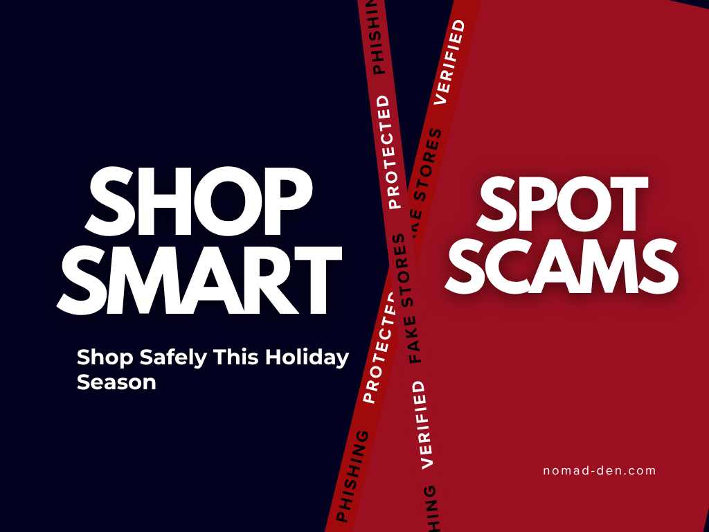 Featured image with "Shop Smart" on a navy background and "Spot Scams" on a red background, divided by diagonal ribbons reading Phishing, Fake Stores, Protected, and Verified, with subtitle "Shop Safely This Holiday Season