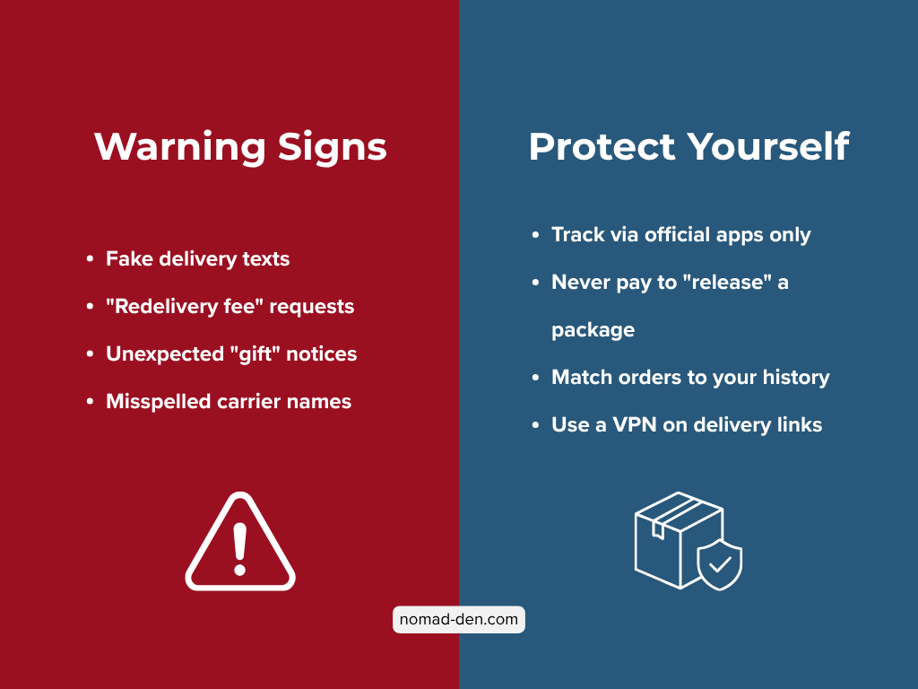 Two-panel graphic titled "Warning Signs" on red showing fake delivery texts, redelivery fee requests, unexpected gift notices, and misspelled carrier names, alongside "Protect Yourself" on navy showing tips to track via official apps, avoid release fees, match orders to purchase history, and use a VPN on delivery links