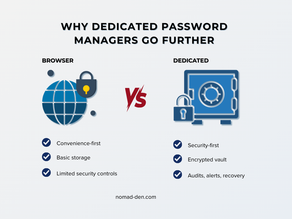 Comparison graphic showing browser-based password storage versus dedicated password managers, highlighting convenience-focused features versus security-first encrypted vaults.