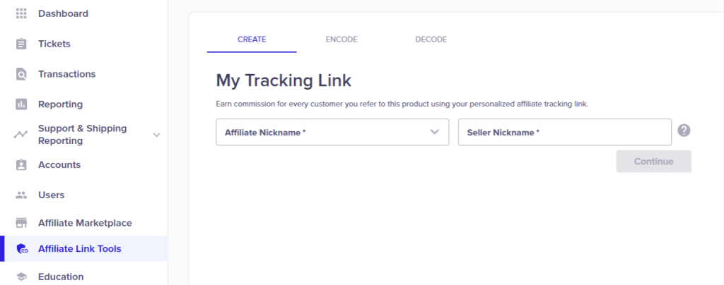 ClickBank Affiliate Link Tools page open to the Create tab, where you enter your affiliate and seller nicknames to generate a tracking link.