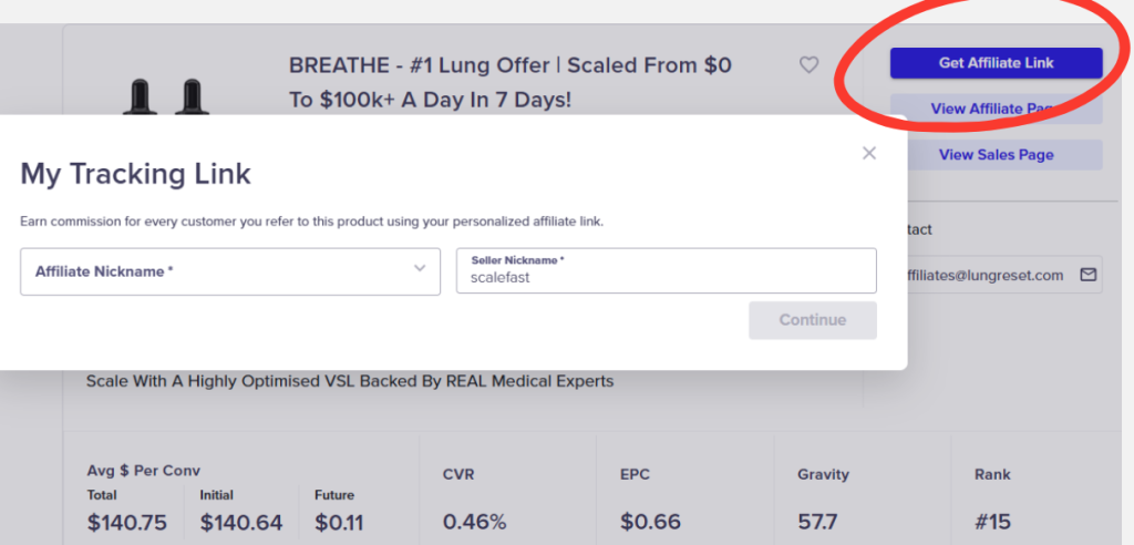 Screenshot of a ClickBank product listing showing the ‘Get Affiliate Link’ button circled and the My Tracking Link popup where the affiliate nickname is entered.