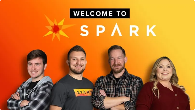 Welcome to ClickBank Spark banner with four Spark instructors standing together in front of an orange gradient background displaying the Spark logo.