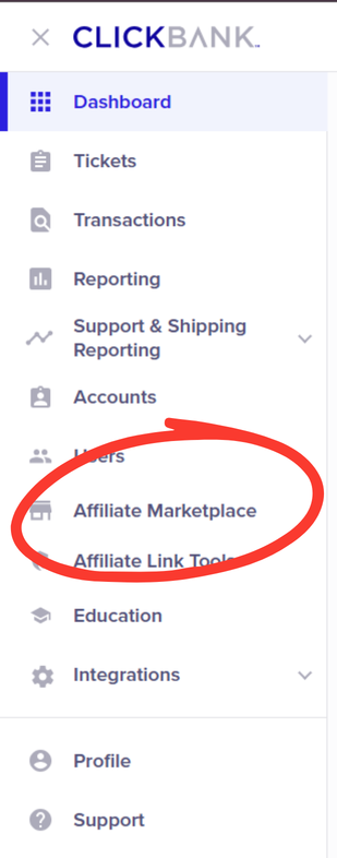 ClickBank dashboard navigation menu with the Affiliate Marketplace link circled in red