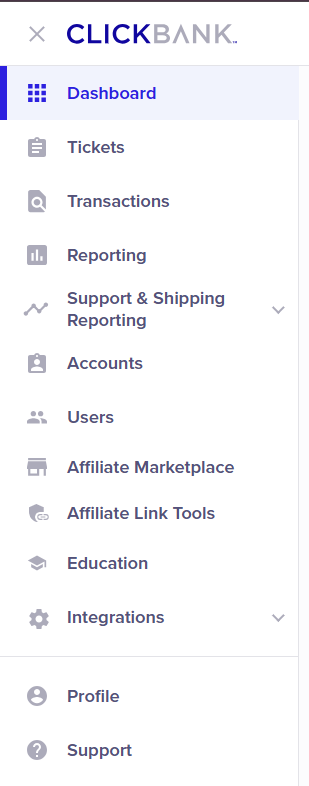 Screenshot of the ClickBank dashboard navigation panel with links to Marketplace, reporting tools, affiliate link tools, account settings, education, and support.