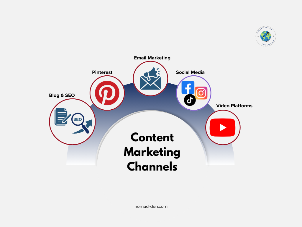 Diagram showing content marketing channels including blog and SEO, Pinterest, email marketing, social media, and video platforms, all supporting a central content marketing strategy.