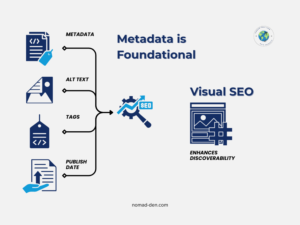 Diagram showing four types of metadata — titles, alt text, tags, and publish date — flowing into SEO, which leads to improved visual discoverability represented by a thumbnail icon.
