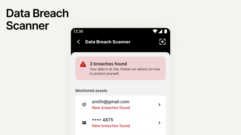Password manager alert showing monitored email accounts detected in known data breaches