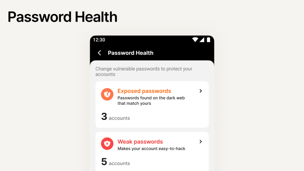 Password manager dashboard highlighting exposed and weak passwords across multiple accounts