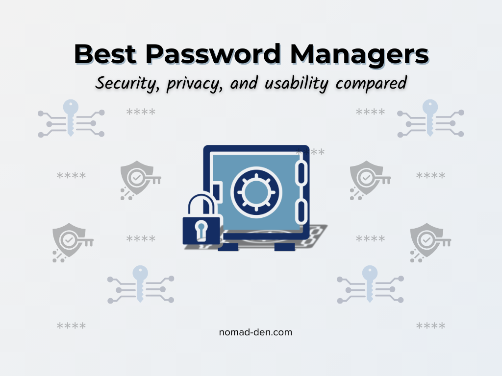 Featured image showing a secure digital vault surrounded by password symbols, representing a comparison of password managers focused on security, privacy, and usability.