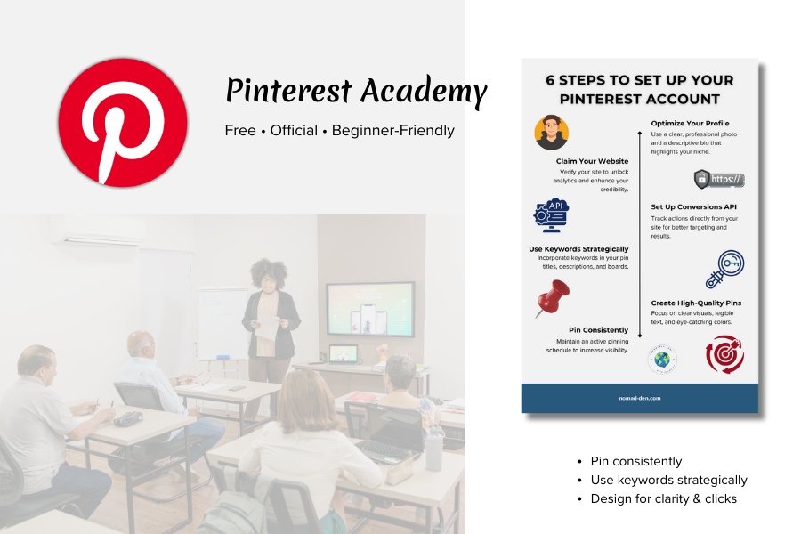 Pinterest Academy education card highlighting free, official Pinterest training and key steps for setting up and growing a Pinterest account.
