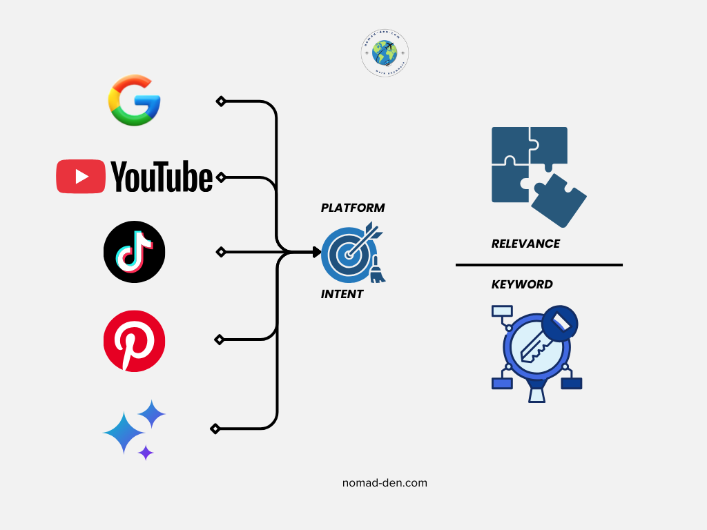 Diagram showing Google, YouTube, TikTok, Pinterest, and AI icons branching into a central ‘platform intent’ target icon, connected to a comparison of relevance versus keywords illustrated with puzzle pieces and a keyword magnifying glass.