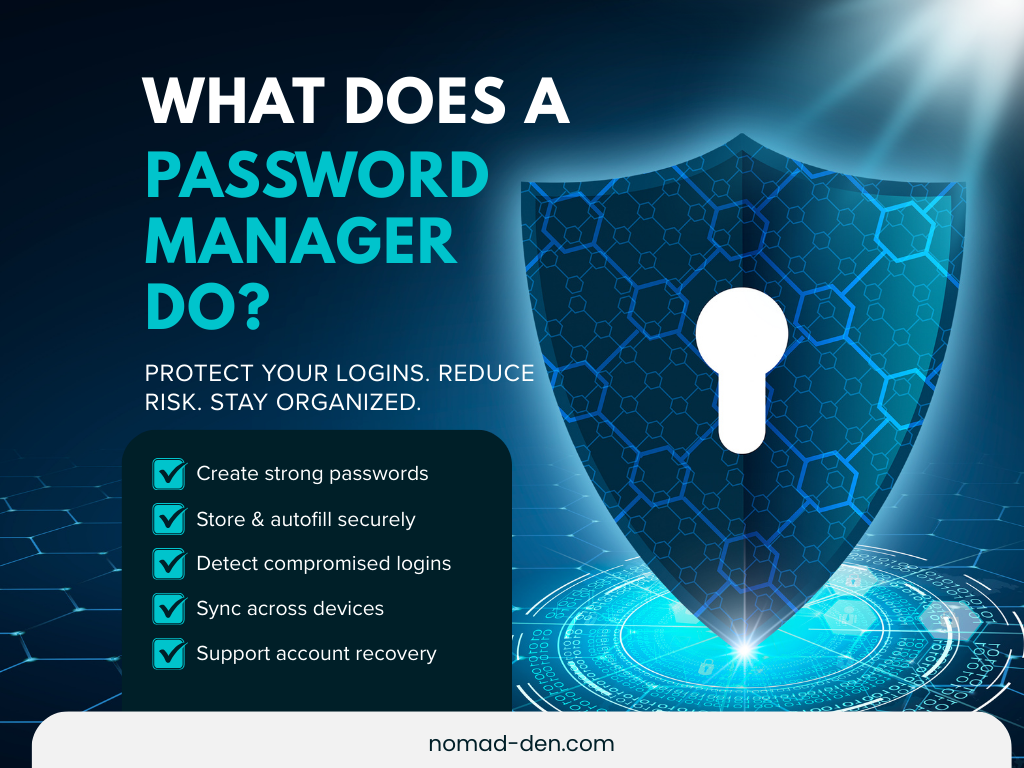 Graphic explaining what a password manager does, including password generation, secure storage, breach alerts, device syncing, and account recovery.