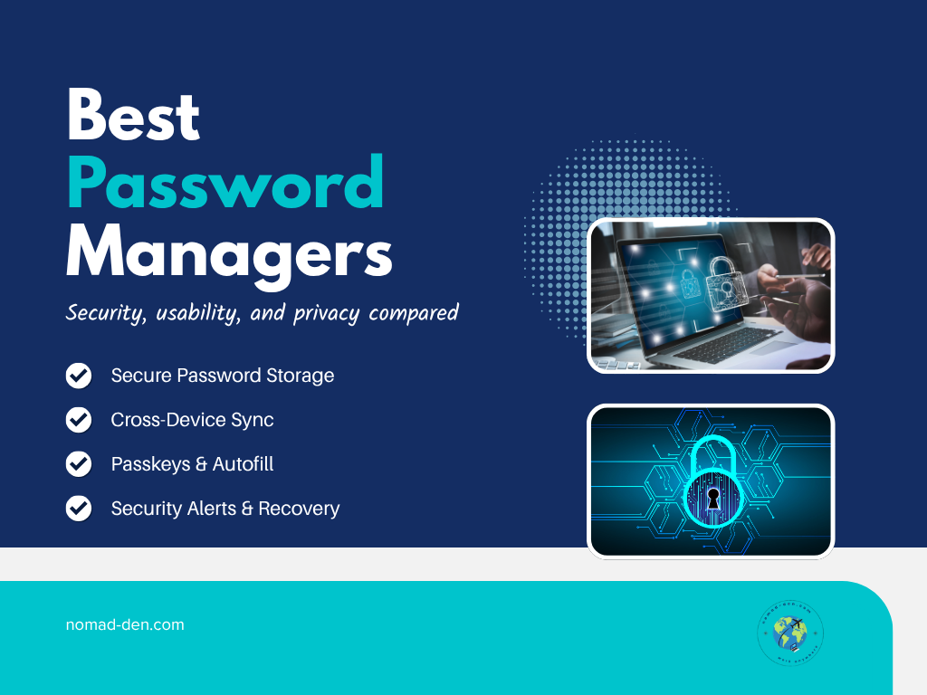 Featured image comparing password managers, highlighting secure password storage, cross-device sync, passkeys and autofill, and security alerts and recovery features.