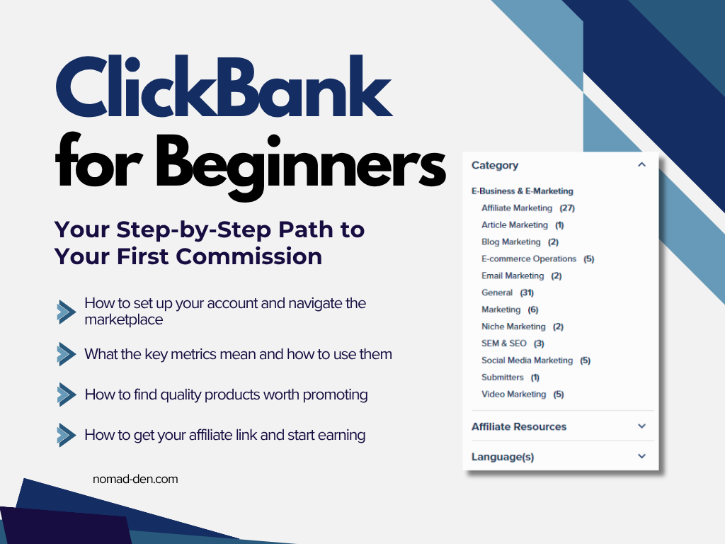 Featured graphic for ClickBank for Beginners tutorial showing title, subtitle, key learning points, and a screenshot of the ClickBank marketplace category list