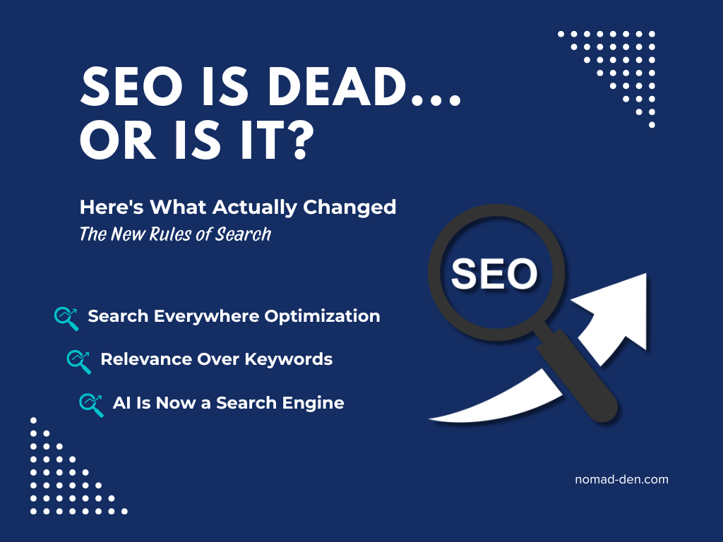 Featured image for the post 'SEO Is Dead… Or Is It? Here's the Truth' showing the title, subtitle, and three key takeaways: Search Everywhere Optimization, Relevance Over Keywords, and AI Is Now a Search Engine, with a magnifying glass graphic highlighting the word SEO.