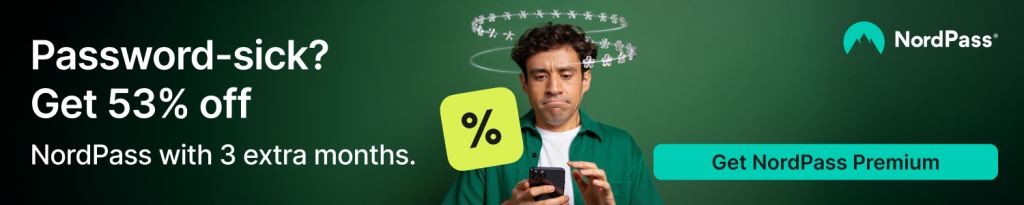 NordPass password manager banner offering 53% off premium with three extra months.