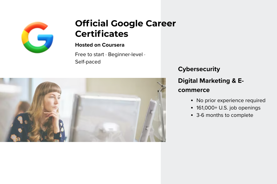 Official Google Career Certificates hosted on Coursera, highlighting beginner-friendly, self-paced programs in cybersecurity and digital marketing with flexible timelines.