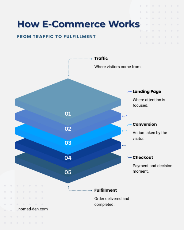 Stacked diagram showing how e-commerce works, from traffic and landing pages to conversion, checkout, and fulfillment.